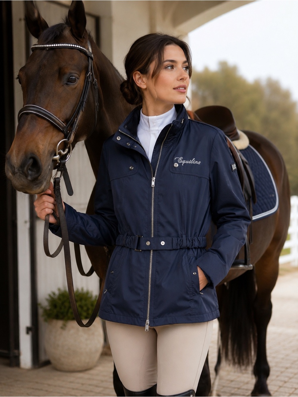 Equiline Pro-Riders Navy Hooded Riding Jacket Belted Equestrian XL